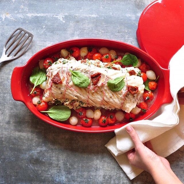 Roast Cod Stuffed with Ricotta, Spinach, & Sun Dried Tomatoes