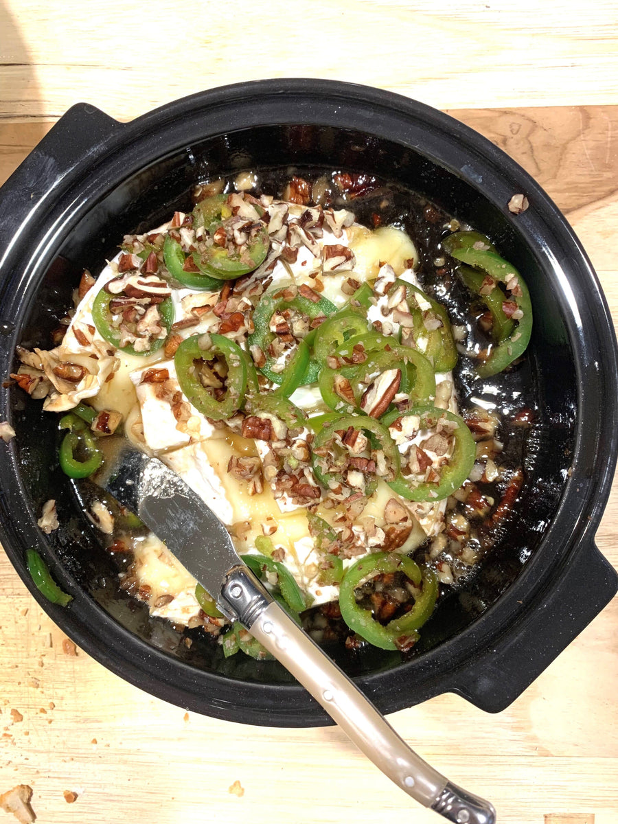 Brie with Honey Balsamic Glazed Jalapenos and Pecans